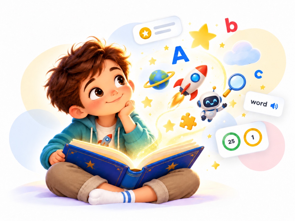 A smiling child in a teal hoodie rests his chin on one hand over a glowing open storybook, while letters, stars, a rocket, a friendly robot, and a green sprout float up from its pages.